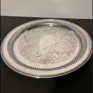 Vintage round silverplate 12.5" tray, pierced edge, Oneida USA.